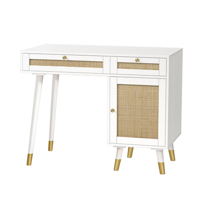 Anmytek Rattan Vanity Desk with Drawers and Storage, White Makeup Vanity Table Modern Home Office Desk Computer Desk for Study D0006 - WoodArtSupply