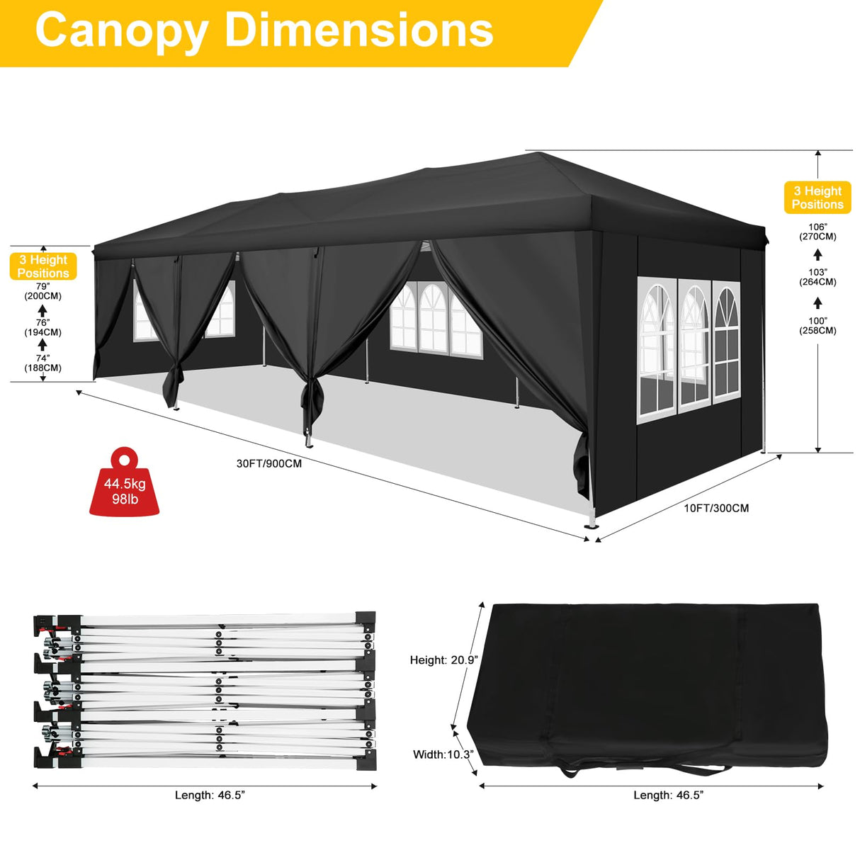 COBIZI 10x30 Pop Up Canopy Tent with 8 Sidewalls Tents for Parties Waterproof Camping Canopy Ez Up Party Tent Outdoor Portable Gazebo for Backyard Commercial Event Tent with sandbags, Black COBIZI