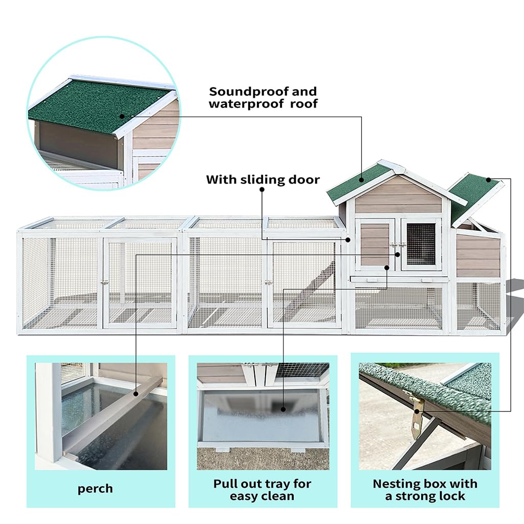 122in Chicken Coop Large Outdoor Solid Wood Rabbit Hutch Poultry House with Run, Nesting Box & Leakproof Pull-on Tray, Weatherproof Chicken Run Cage Hen House for Small Animals Rabbit Duck