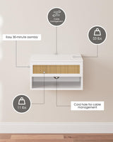 Aienvey Floating Nightstand, Small Modern Floating Nightstand with Drawer, Floating Shelves for Bedroom, Bathroom, White Rattan Aienvey