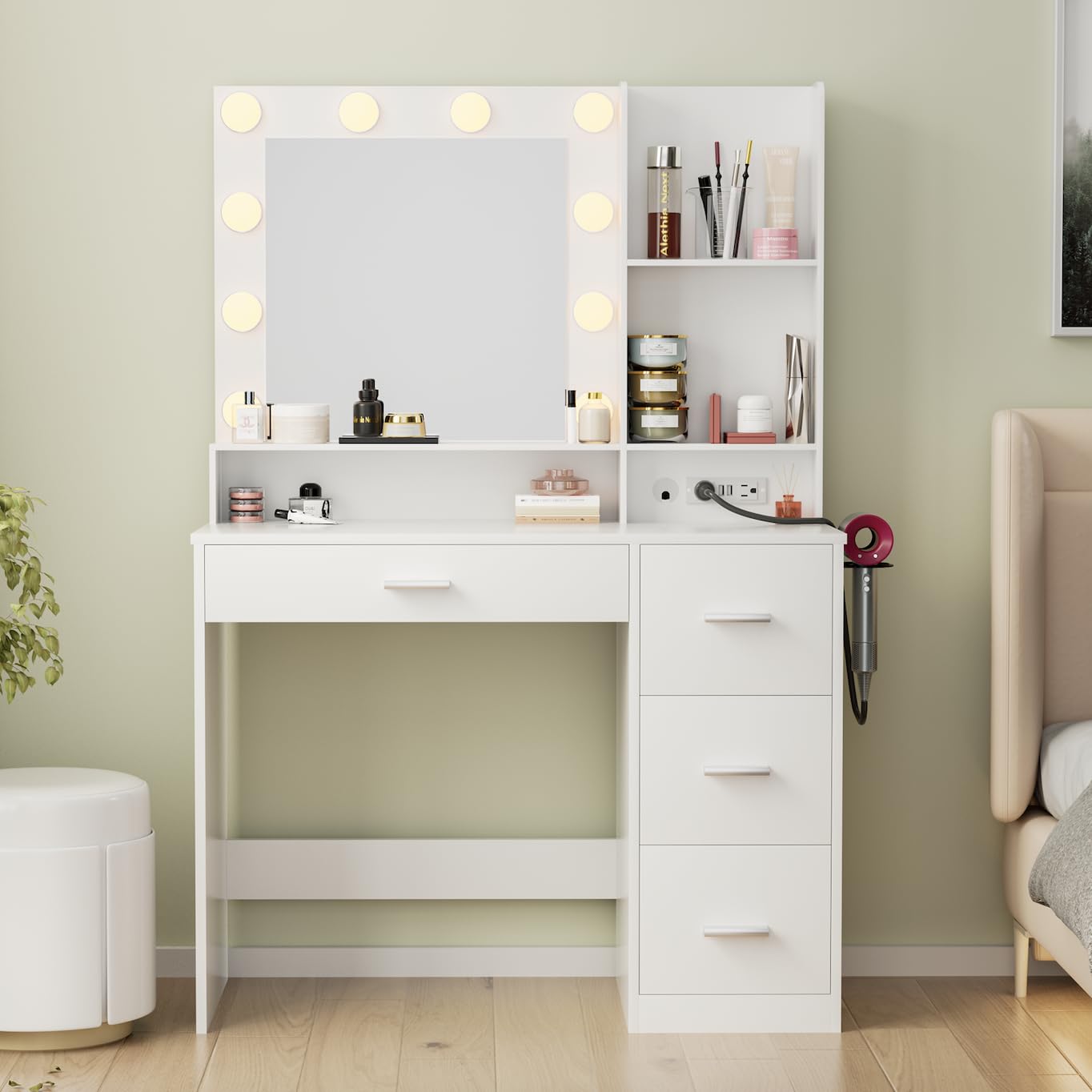 JUMMICO 39.3'' Vanity Desk with LED Lighted Mirror &Power Outlet, Makeup Vanity Table with 4 Large Drawers and 3 Storage Shelves, 3 Model Adjustable Lights for Bedroom & Dressing Room (White) - WoodArtSupply