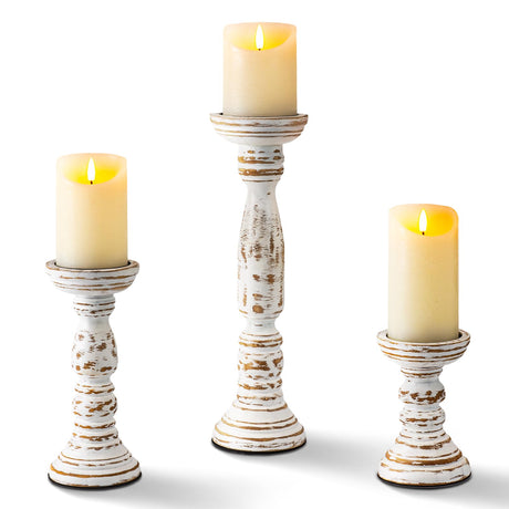 Homemory Farmhouse Wood Candle Holders for Pillar Candles Set of 3, Rustic Candle Holders for Table Centerpiece, 13" 9" 6" Vintage Tall Candle Stand Decorative for Dining Fireplace Living Room (White) Homemory