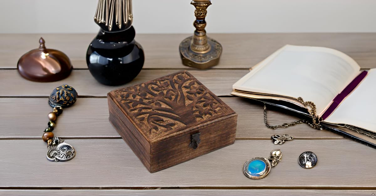 Great Birthday Gifts Handmade Decorative Wooden Jewelry Box With Tree Of Life Carving & Lock & Key Jewelry Organizer Keepsake Box Treasure Chest Trinket Holder Watch Box Storage Lock Box 6 x 6 Inches The Great Indian Bazaar