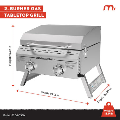 Megamaster Premium Outdoor Cooking 2-Burner Grill, While Camping, Outdoor Kitchen, Patio Garden, Barbecue with Two Foldable legs, Silver in Stainless Steel