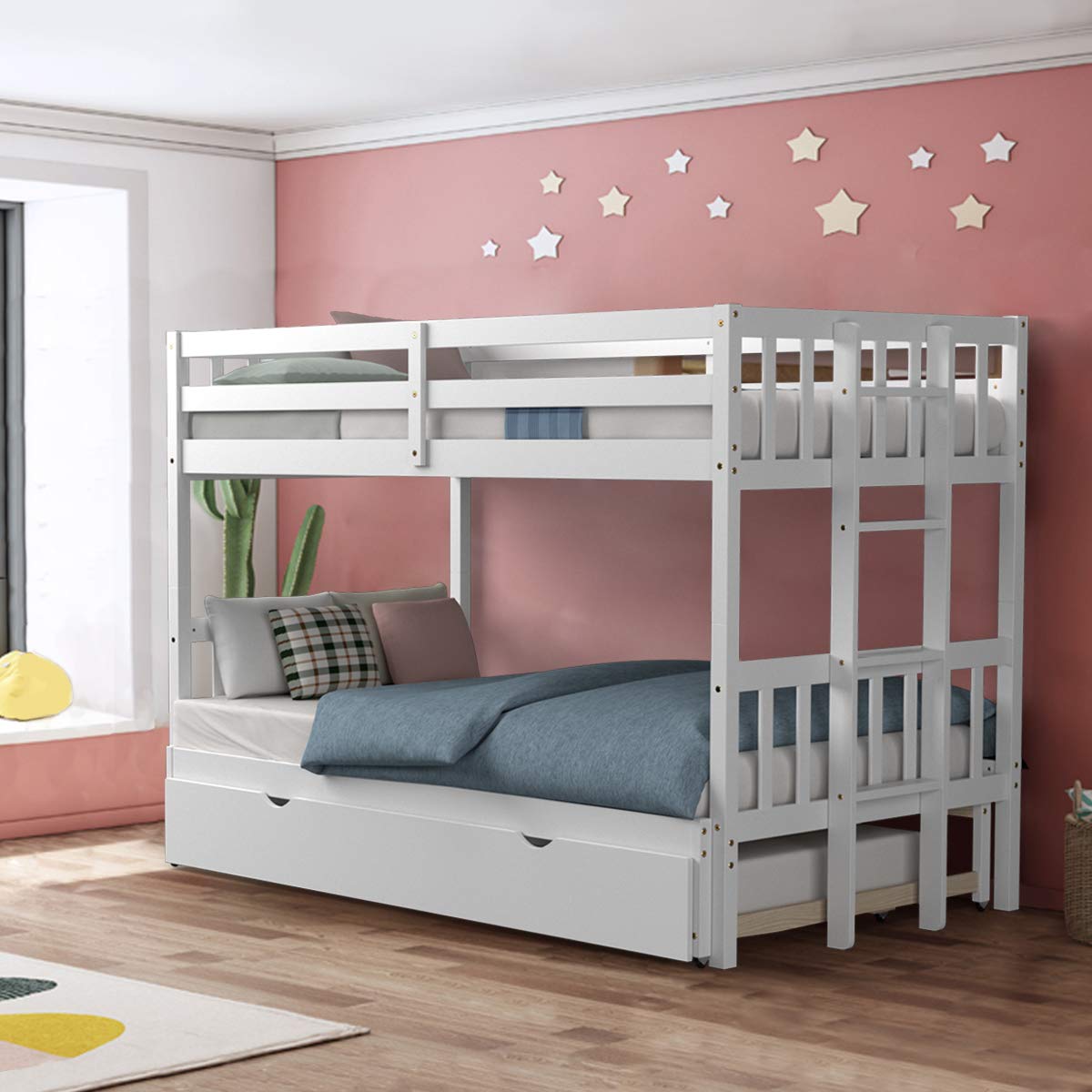 Giantex Versatile Twin Over Pull-Out Bunk Bed with Trundle - Solid Wood in White Giantex