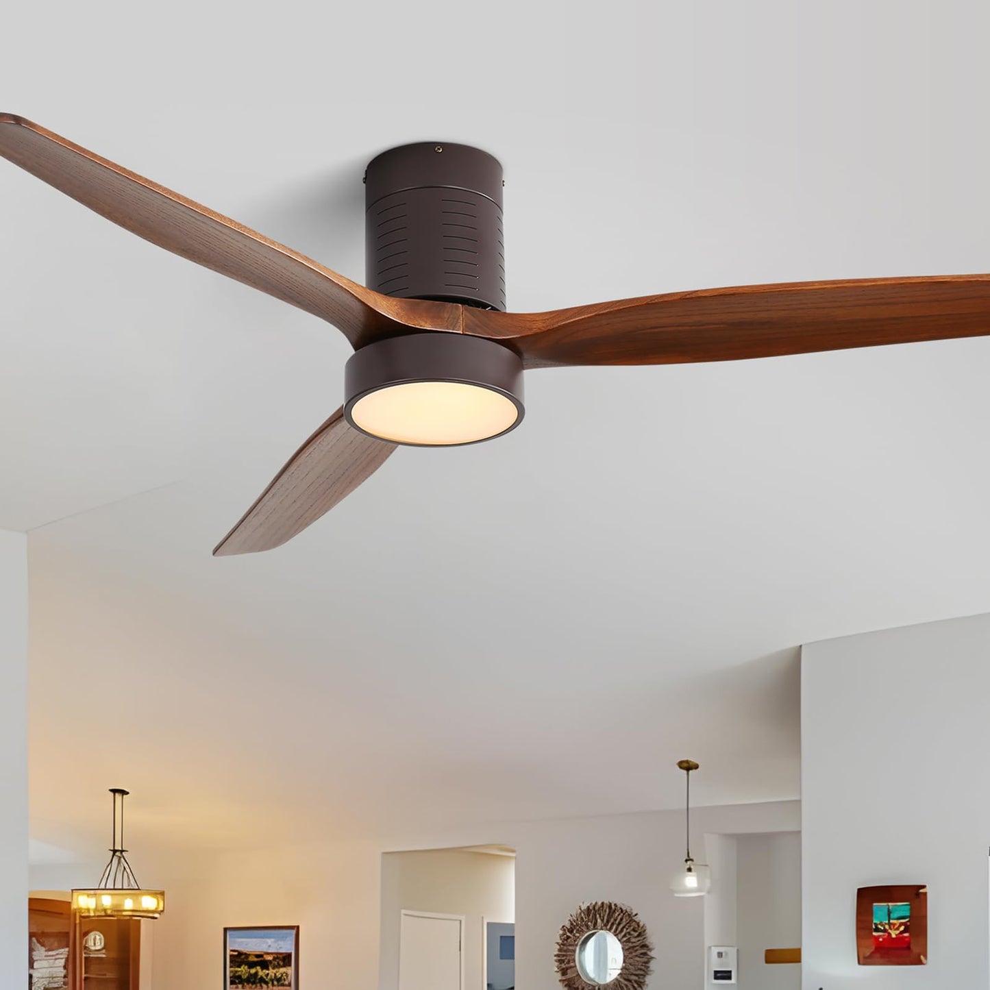 Sofucor 52 inch Low Profile Ceiling Fan with Light, Solid Wood Ceiling Fan with Light and Remote, 3-Color 6-Speed Noiseless Reversible DC Motor with Timer for Bedroom & Living Room