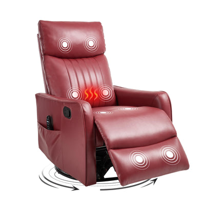 Trustyue Swivel Rocker Recliner Chair, 360° Swivel Recliner with Heat and Massage, Rocker Recliner Nursery Glider Chair with Side Pockets for Living Room (Red, Faux Leather)