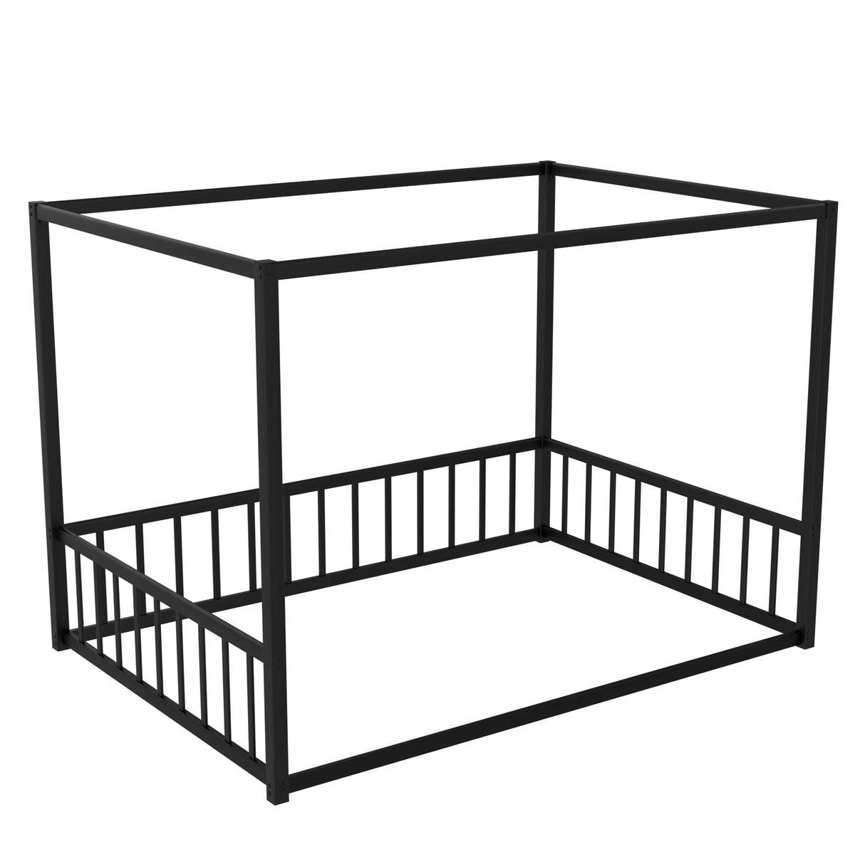 Full Size Canopy Bed Frame with 4 Posters and Guardrails, Full Size Montessori Floor Bed with High Fence, Anti Bump Design, Easy Assemble, Metal Montessori Bed Black Bellemave