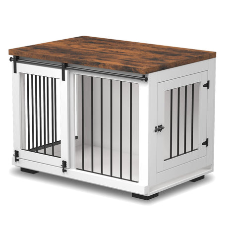 Zakkart Dog Crate Furniture for Large Dogs Up to 60 lbs. - Barn Door Puppy Kennel w/Thickened Farmhouse Top & Metal Bars - 37'' Wide - White Decorative Modern Dog Crate Table, End Table, Nightstand Zakkart