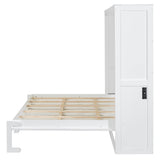 Ball & Cast Murphy Bed Full Size Wall Chest with Charging Station and Slat Support,Wood Hideaway Cabinet Platform Bedframe w/Leg,can be Folded,Space-Saving,for Small Room,Dorms,White Ball & Cast