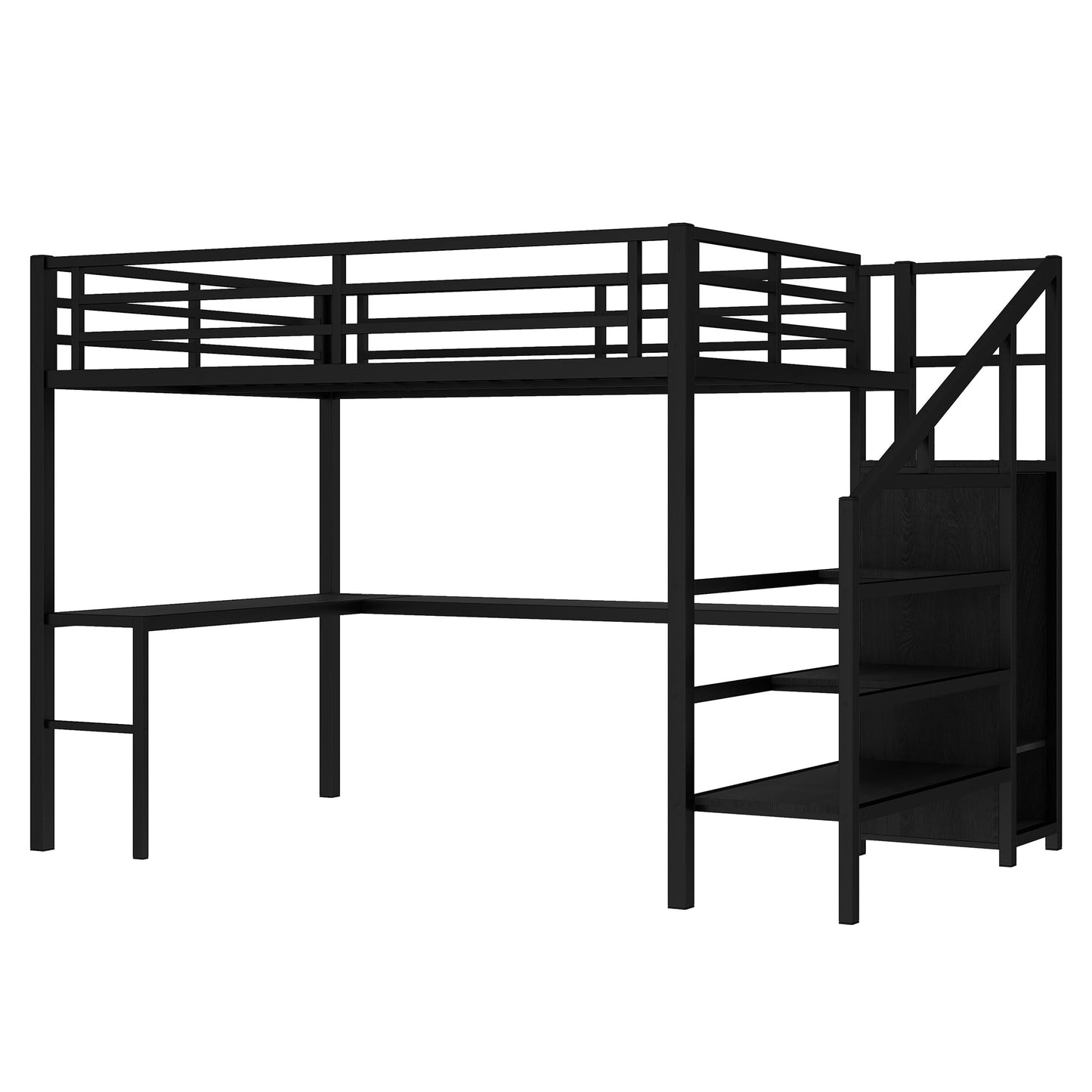 SOFTSEA Queen Size Loft Bed with Desk & Storage Stairs, Heavy Duty Metal Loft Bed with Storage Wardrobe and USB Ports for Adults, Queen Gaming Loft Bed with LED Lights for Kids Teens, Black