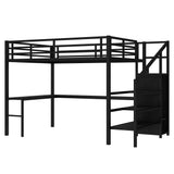 MoproBeti Queen Loft Bed with Stairs and Desk,Metal High Loft Bed with Wardrobe and Adjustable Shelf, Gaming Bed with LED and USB, Heavy Duty Frame,No Noise, Black MoproBeti