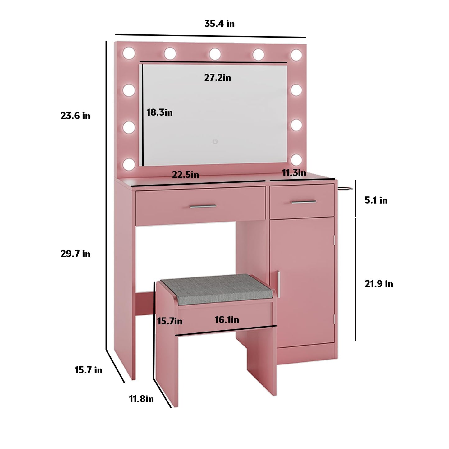 Viaozutis Vanity, Vanity Desk with Mirror, Large Drawer and Power Socket with 11 Light Bulbs and 3 Adjustable Lighting Modes, Vanity Table Ideal for Bedroom (Pink)