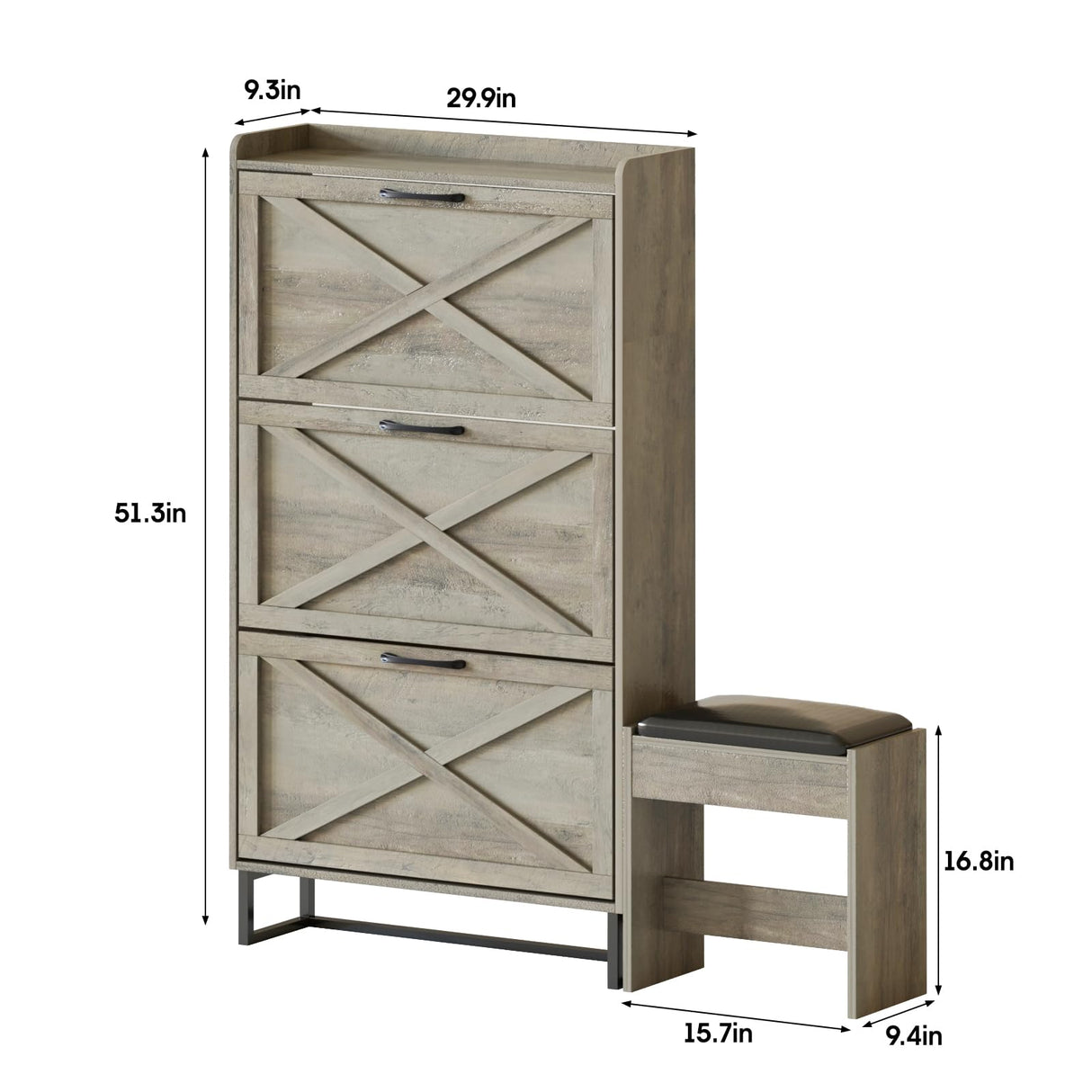 Maupvit Shoe Storage Cabinet with 3 Flip Drawers, Farmhouse Freestanding Organizer with Bench and Seat Cushion, Narrow Slim Shoe Rack Cabinet with Metal Legs for Entryway,Grey Maupvit