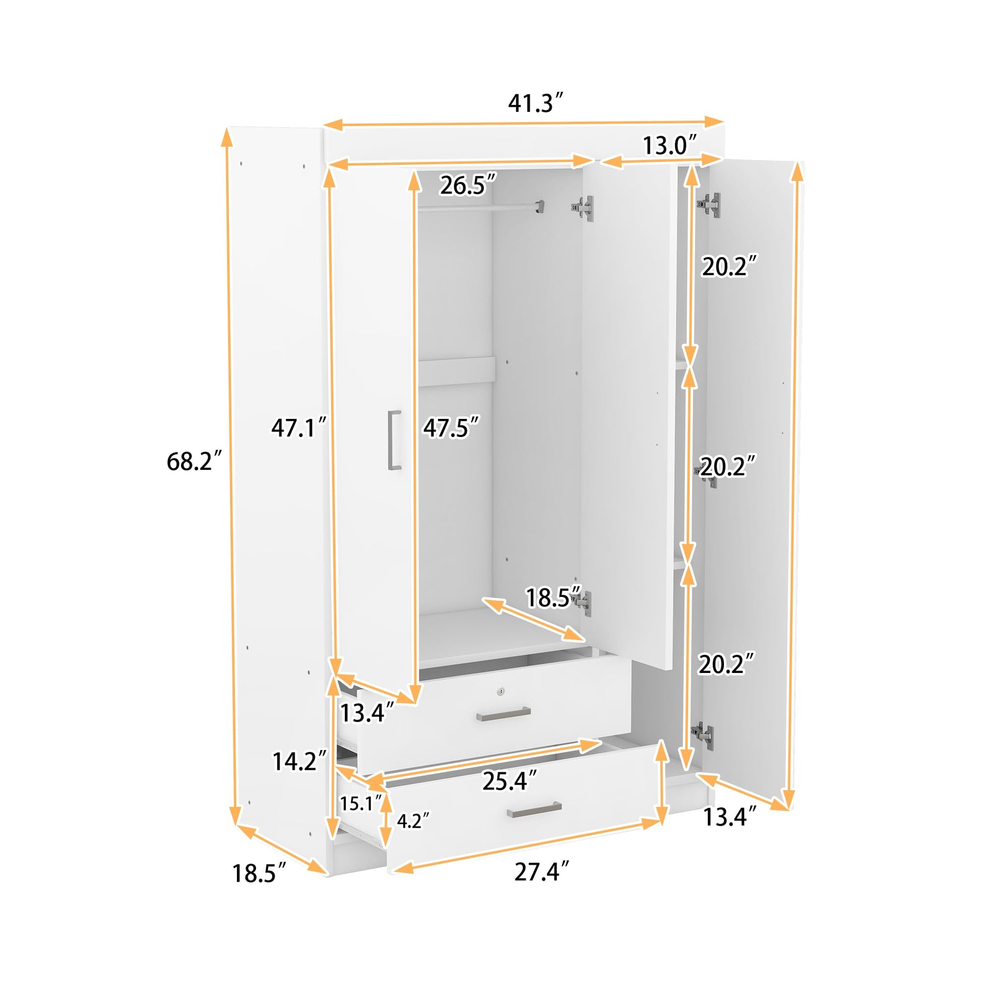 Quarte Modern 3-Door Wardrobe with 2 Drawers, Shelves and Hanging Rail, Freestanding Armoire Wardrobe Closet, Clothes Storage Cabinet Organizer (White/Wardrobe) - WoodArtSupply