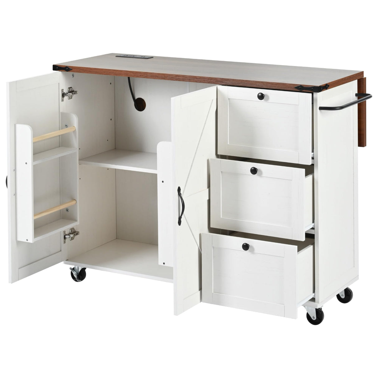 Merax 54.5" Wood Kitchen Cart Island on Wheels with Power Outlet,Drop Leaf and 3 Side Drawers,Farmhouse Style Storage Cabinet for Dining Room Merax