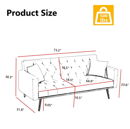 73" Modern Velvet Sofa Bed Futon,Convertible Sleeper Sofa Couch with 3 Angle Adjustable Backrest, Modern Loveseat with 4 Golden Metal Legs for Living Room and Bedroom (Beige)