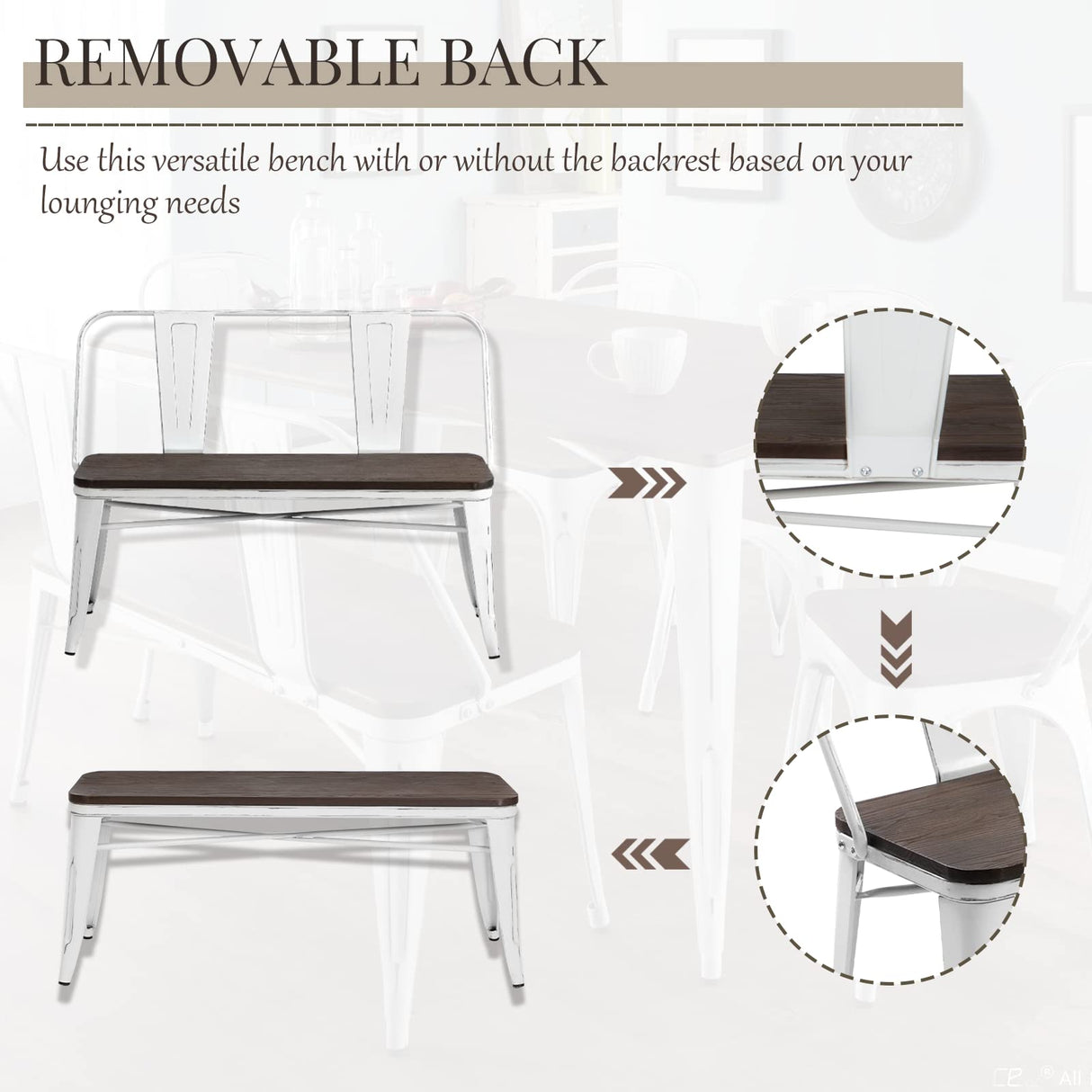 YOLENY Dining Bench, Entryway Bench with Back, Farmhouse Metal Dining Bench, Industrial Mid-Century 3 Person Rustic Spindle Bench, with Wood Seat, Removable Backrest, 42in, White YOLENY