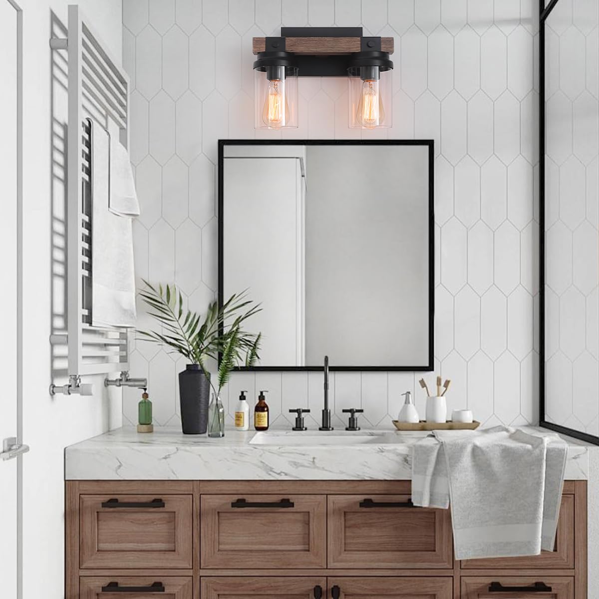 Farmhouse Wood Vanity Light, 2-Lights Bathroom Vanity Light, Rustic Black Bathroom Lighting Fixtures Over Mirror, Vintage Industrial Wall Sconces with Durable Glass Shade - WoodArtSupply