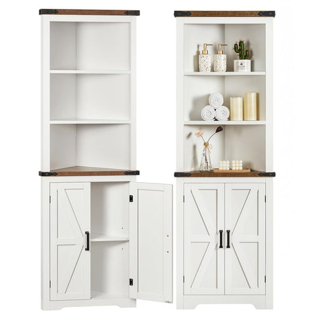TEENFON Farmhouse Corner Cabinet, 70" H Tall Corner Hutch with 5 Shelves & 2 Barn Doors, Bathroom Cabinet with Adjustable Shelf, for Living Room, Kitchen, Bathroom, White TEENFON