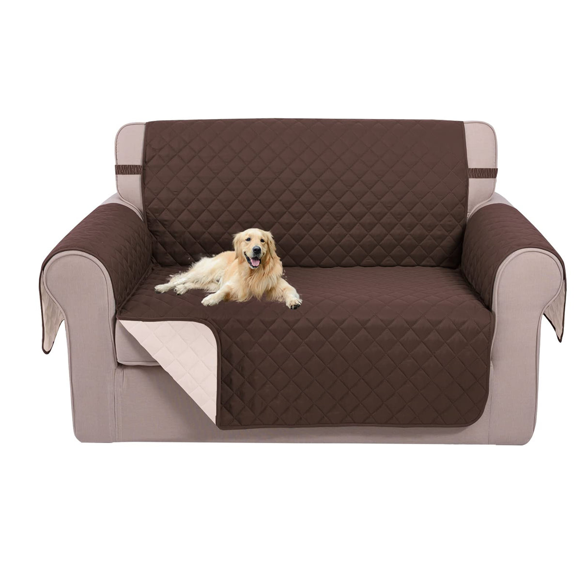 U-NICE HOME Loveseat Sofa Cover Reversible Couch Covers for 2 Cushion Couch for Dogs Furniture Protector Cover with Elastic Straps Water Resistant(Loveseat Small, Coffee/Beige) U-NICE HOME