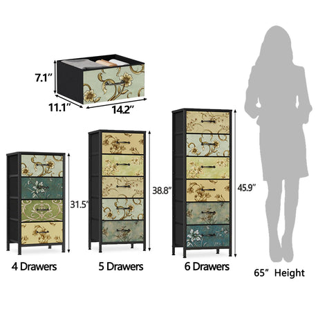 Furnulem Vertical Dresser for Bedroom, Tall Skinny Storage Tower with 5 Fabric Drawers, Chest of Drawers for Living Room, Dorm, Entryway, Vintage Furniture, Wood Top Furnulem