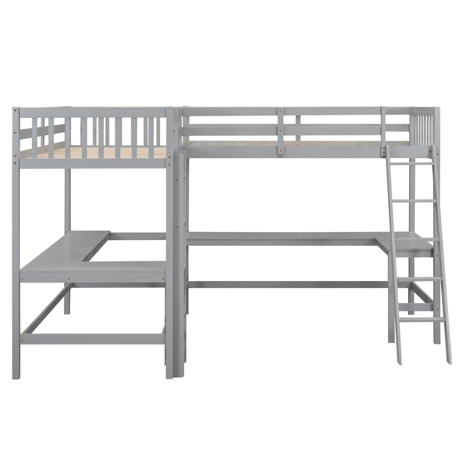 L-Shaped Grey Loft Bed with Two Built-in Desks, Twin Size, Sturdy Design, No Box Spring Required - WoodArtSupply