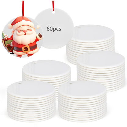 60 PCS Sublimation Ceramic Ornament Blank 3 Inch Round Two-Sided Printed White Ceramic Decoration Christmas Sublimation Ornament Blanks with Gold String for DIY Crafts Christmas Tree Decoration