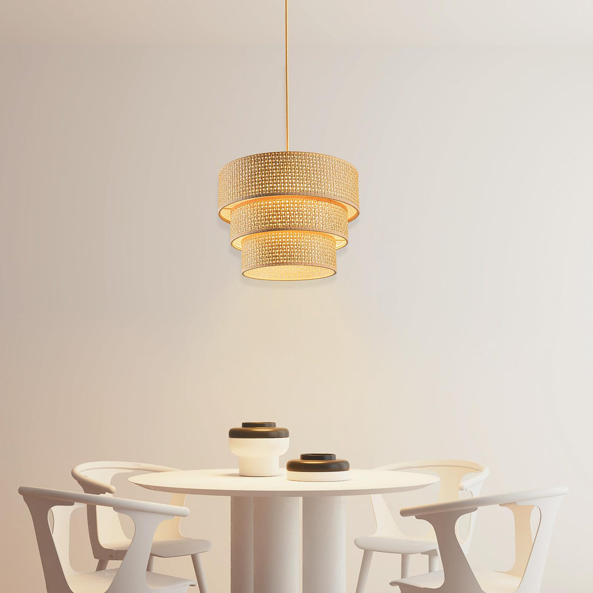 Mateyrie Rattan Lamp Shades for Floor Lamps Pendant Light Hanging Lamp Replacement, 3-Tier Drum Lamp Shade with Rattan Woven for Living Room Dining Hall Way Bedroom (Khaki) Mateyrie