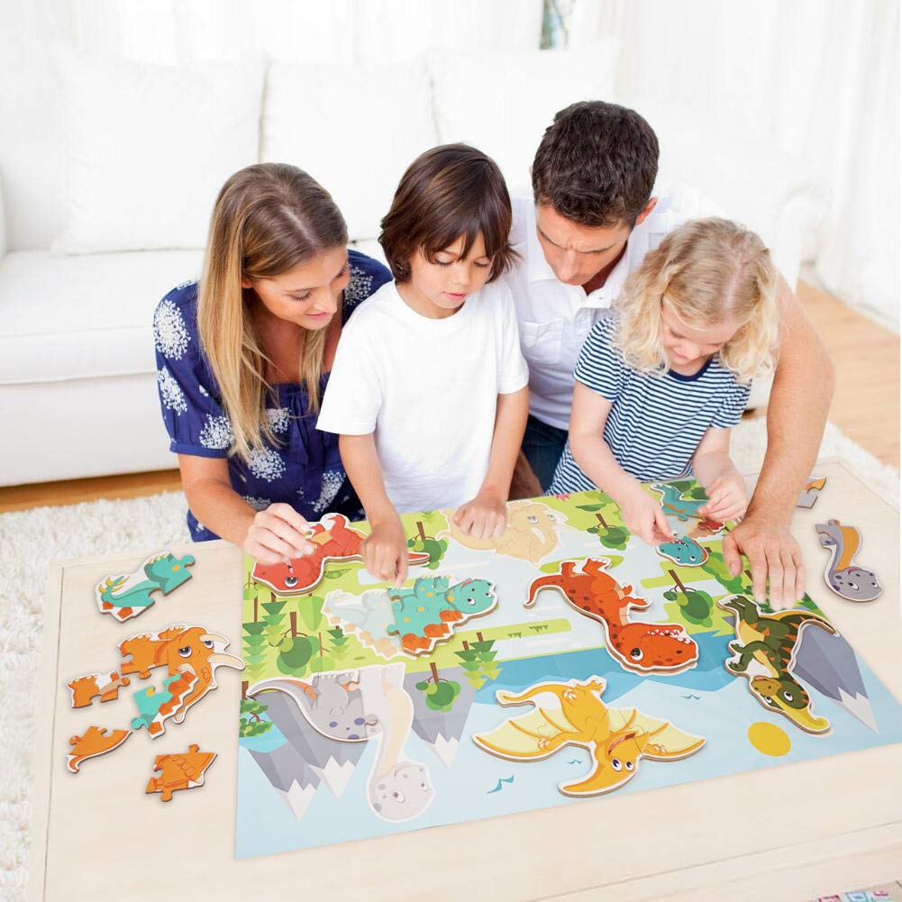 BEESTECH Beginner Dinosaur Puzzles for 2, 3, 4 Year Old Toddlers, 8 Pack Jigsaw Floor Puzzles, Educational Learning Puzzles for Toddlers, 8 Different Dinosaurs with Dinosaur World Map Beestech