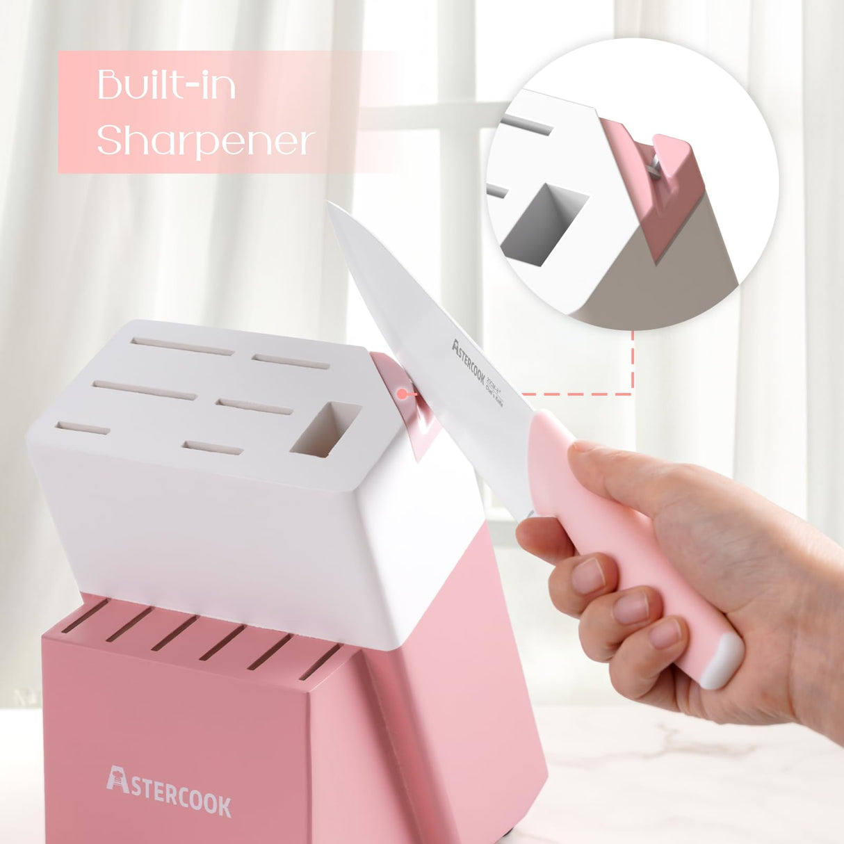 Astercook Knife Set, Kitchen Knives Set with Block and Sharpener Ceramic Coating 15 Pcs German Stainless Steel Knives Sharp Blade Dishwasher Safe Knife Block Set with Ergonomic Handle, Crystal Pink Astercook