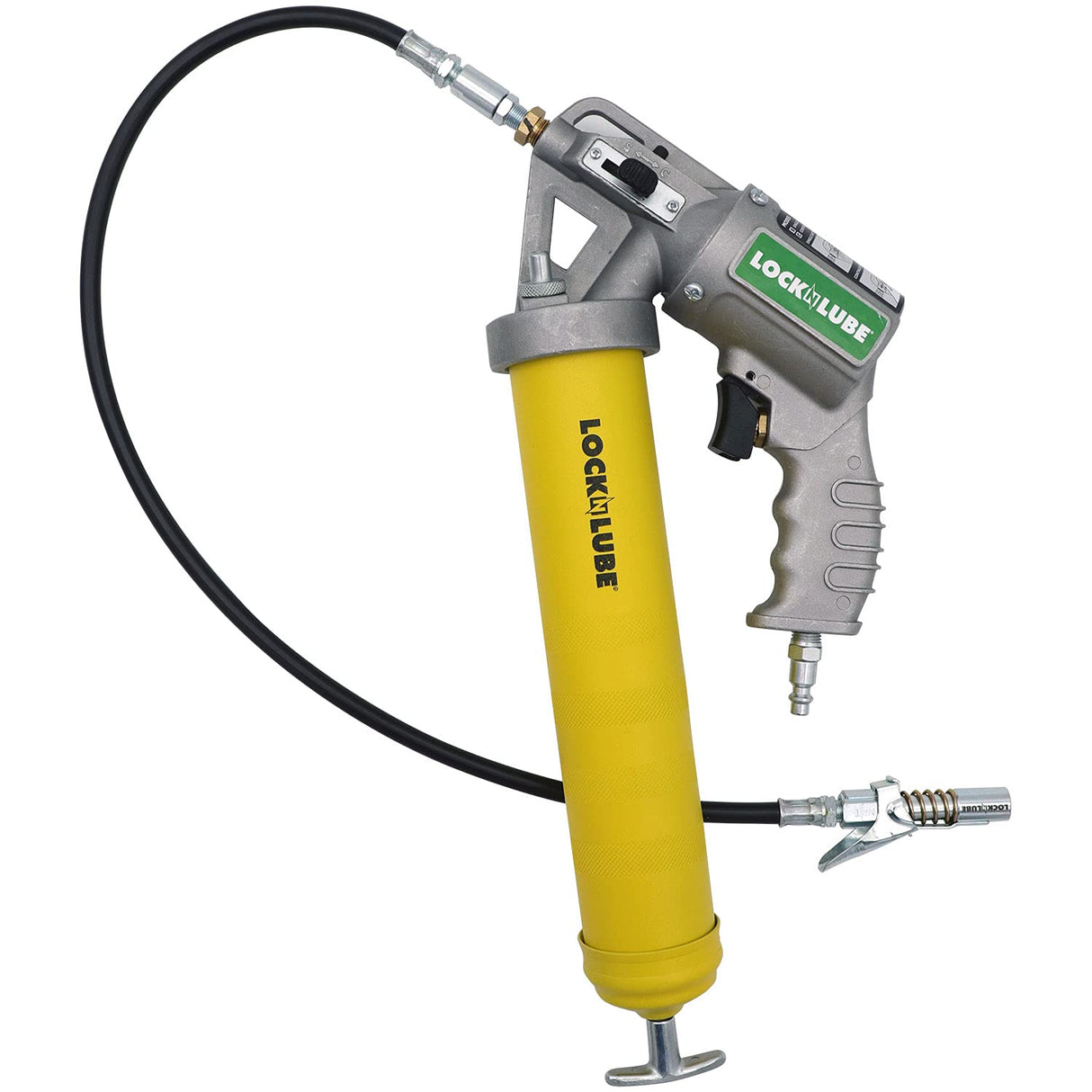 LockNLube 2-in-1 Pneumatic Grease Gun with Single Shot & Continuous Modes. Single-Shot and Continuous delivery Modes in one Grease Gun! Easily Switch delivery Mode with The Sliding Selection Lever. LockNLube