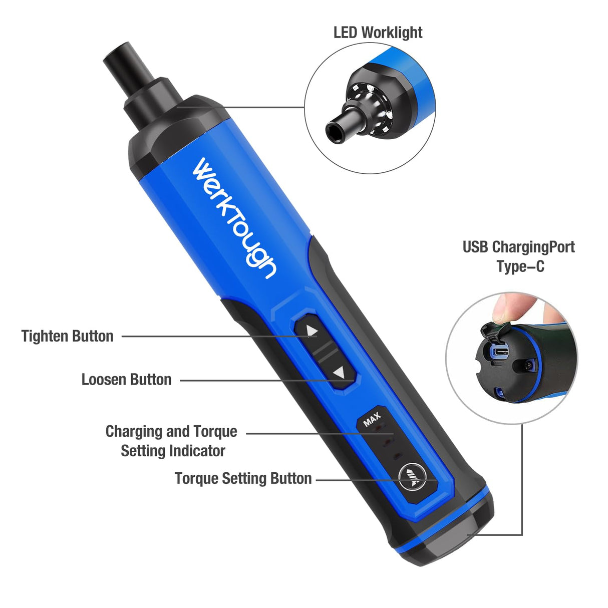 Werktough 4V Mini Electric Cordless Screwdriver with 3-Gear Torque 5Nm Power 25pc Screwdriver Bits S2 LED Light USB Charging Home Improvement S026 hyperpower