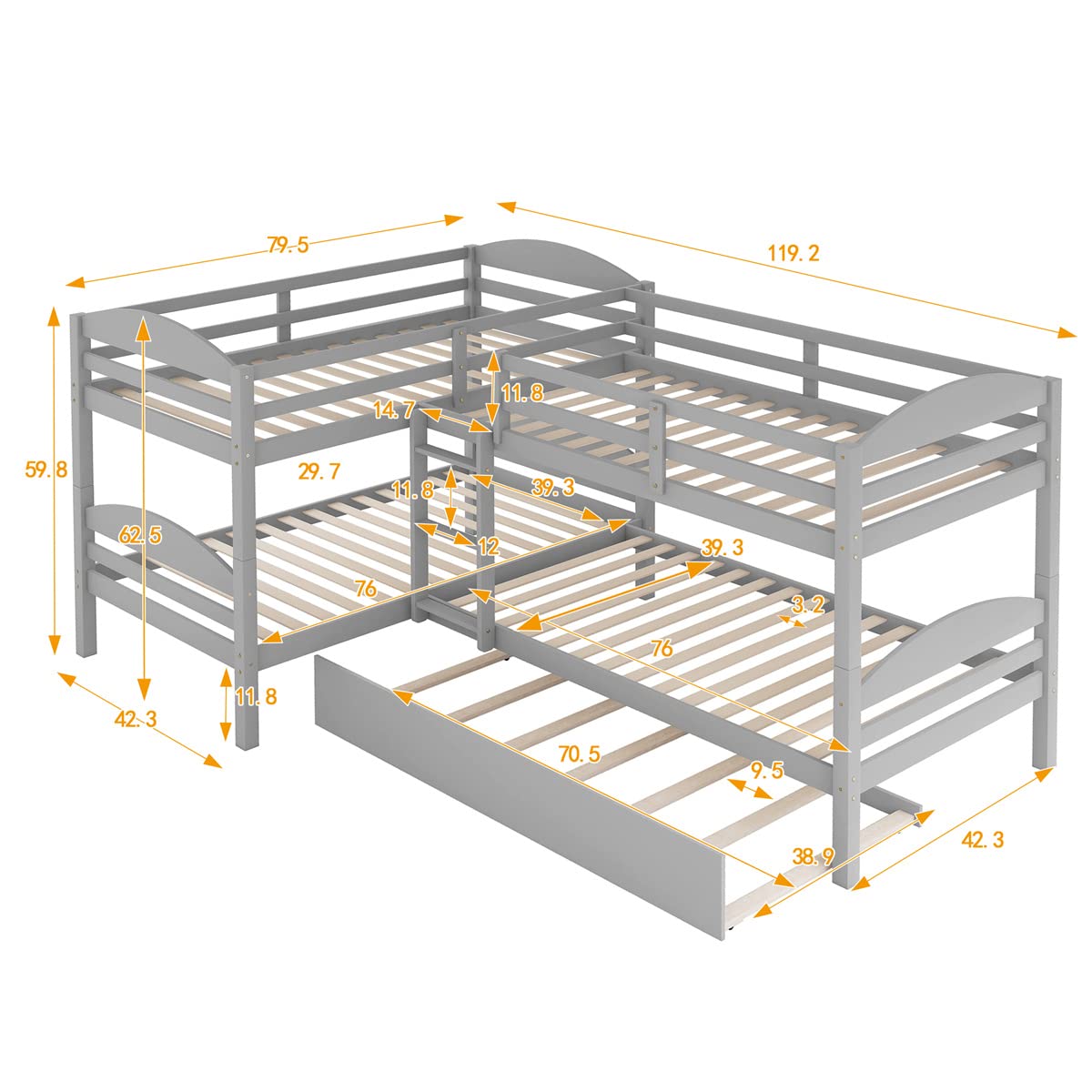 Quad Bunk Bed with Trundle,Twin-Over-Twin L Shape Bunk Bed Frame with Built in Ladder and Guardrail,Wood Bunk Bed Corner BunkBed for Accommodating 5,Family Bedroom Dorm,No Box Spring Needed,Gray TRIPLE TREE