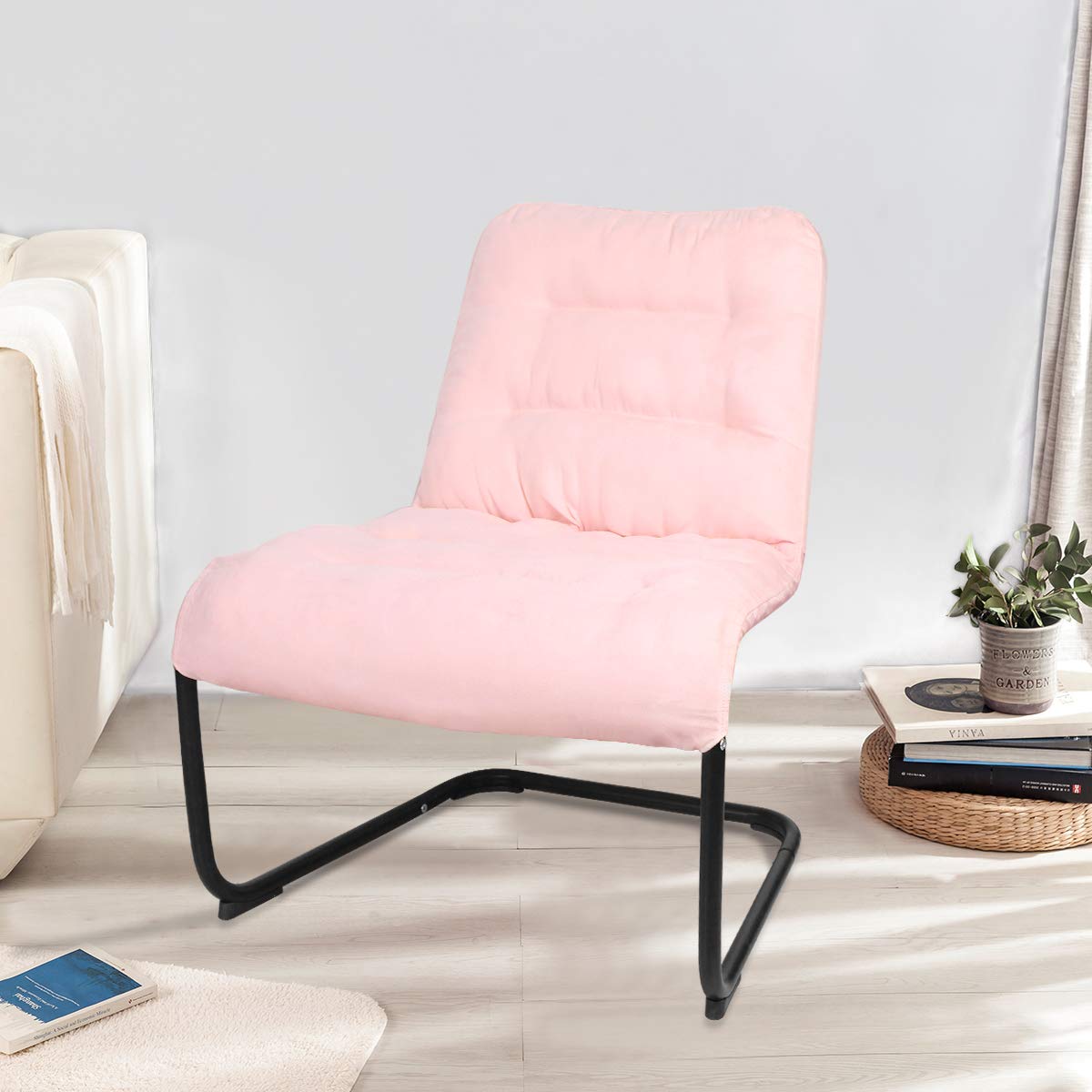 Zenree Upholstered Durable Metal Modern Chair with Soft Cushion, Pink - Ideal for Bedrooms, Living Rooms, Dorms, Indoor Spaces, Accent and Lounging Zenree