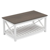 ChooChoo Coffee Table, Rustic Farmhouse Table with Shelf for Living Room, Vintage Finish White ChooChoo