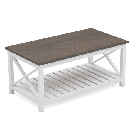 ChooChoo Coffee Table, Rustic Farmhouse Table with Shelf for Living Room, Vintage Finish White ChooChoo