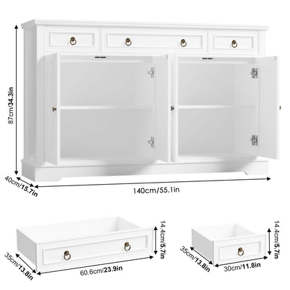 finetones Buffet Cabinet with Storage, 55.1" Large Sideboard Buffet Cabinet, White Kitchen Cabinet with 3 Drawers and 4 Doors, Wood Coffee Bar Cabinet for Kitchen Dining Room, White - WoodArtSupply