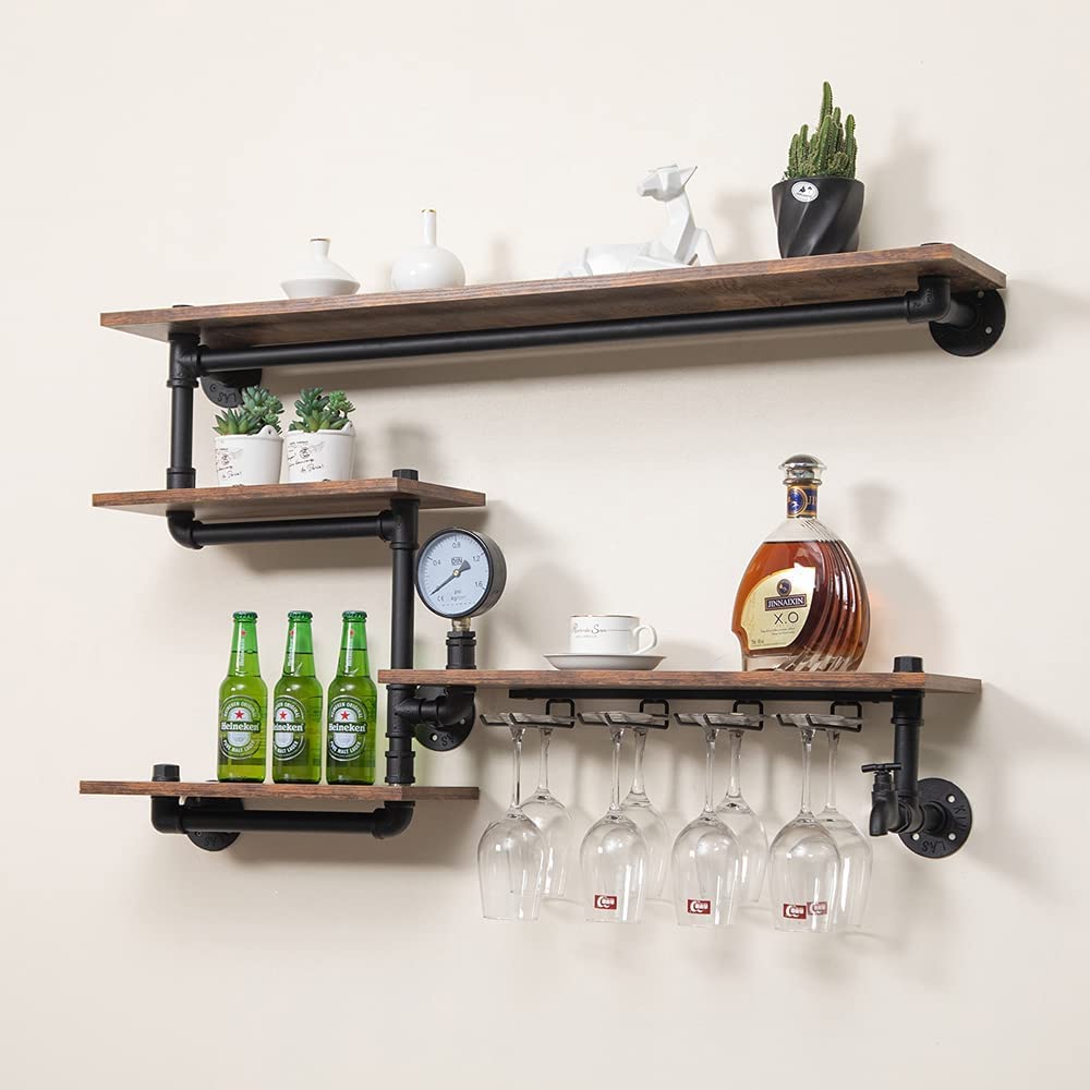HEONITURE Industrial Pipe Shelves Wine Rack Wall Mounted with 4 Stem Glass Holder,Bar Shelves 39in Metal Hanging Wine Rack, Rustic Floating Pipe Shelf, Living Room Kitchen Decor Display Rack HEONITURE