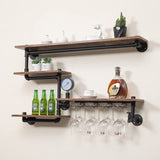 HEONITURE Industrial Pipe Shelves Wine Rack Wall Mounted with 4 Stem Glass Holder,Bar Shelves 39in Metal Hanging Wine Rack, Rustic Floating Pipe Shelf, Living Room Kitchen Decor Display Rack HEONITURE