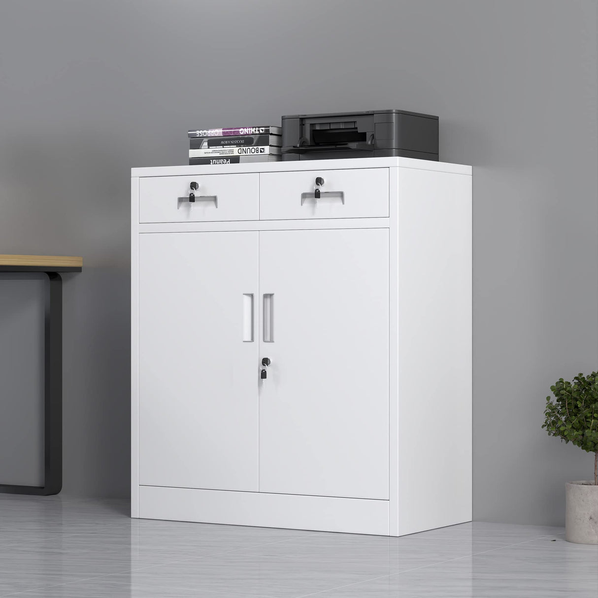 JINGUR Metal Storage Cabinet with Locking Doors and 2 Drawers, Lockable Storage Cabinets with Adjustable Shelf for Home Office and Garage (White) JINGUR