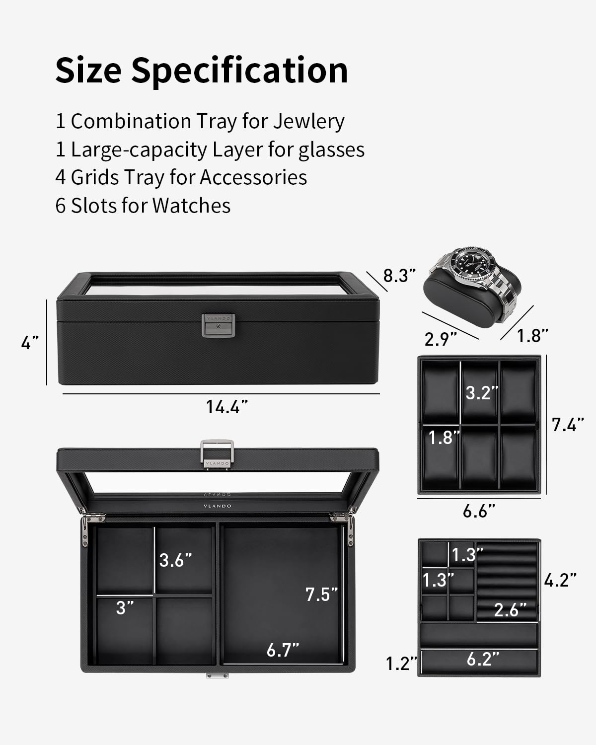 Vlando 6-Slot Watch Box Organize, Lockable Watch Case with Textured Leather, 2 Layer Watch Holder for Rings, Bracelets, Glasses, Glass Lid, Removable Divider, Gift for Fathers, Husband, Friend, Black Vlando