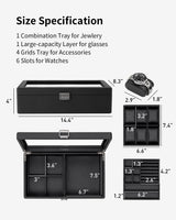Vlando 6-Slot Watch Box Organize, Lockable Watch Case with Textured Leather, 2 Layer Watch Holder for Rings, Bracelets, Glasses, Glass Lid, Removable Divider, Gift for Fathers, Husband, Friend, Black Vlando