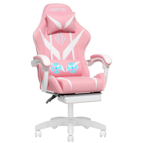HOFFREE Pink Gaming Chair with Massage for Girls Cute Computer Gamer Chair with Footrest and Lumbar Support Reclining PC Game Chair with Headrest for Gaming Room HOFFREE