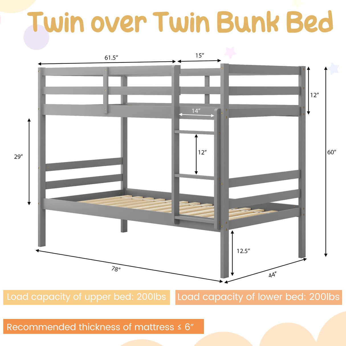 Giantex Twin Over Twin Solid Wood Bunk Bed with Safety Guard Rails and Ladder in Grey Giantex
