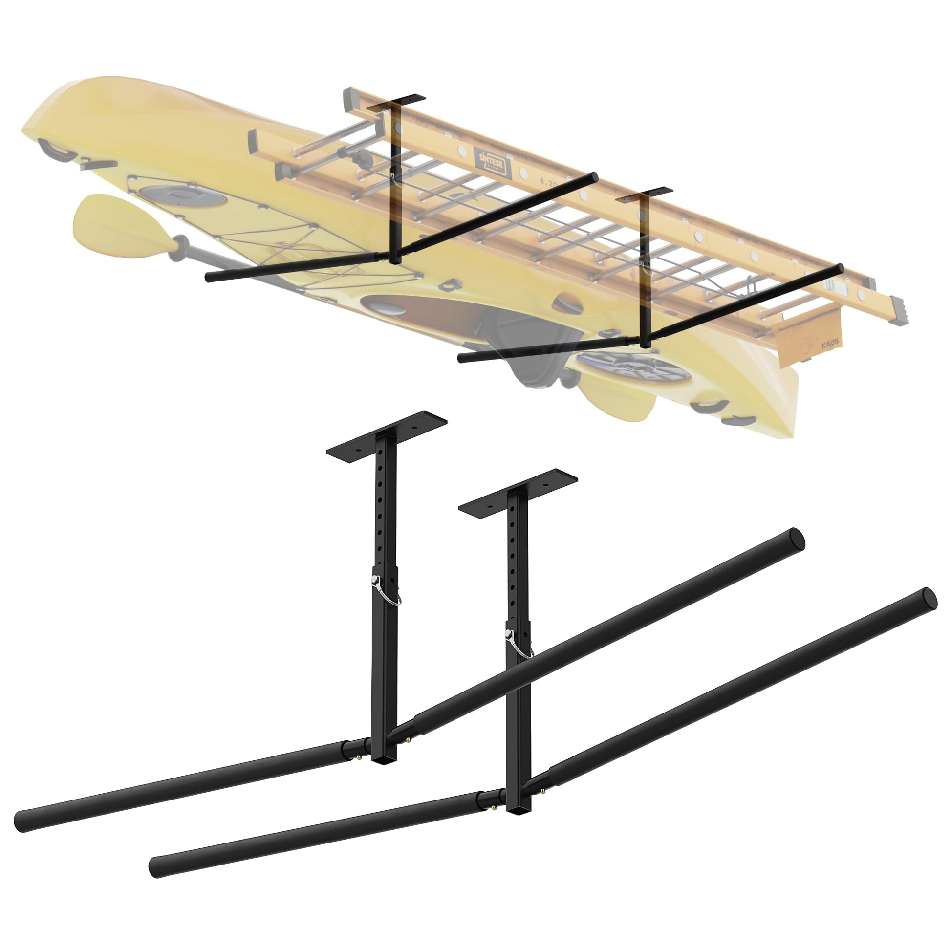 Dabolang Adjustable Ladder Ceiling Rack, Garage Surf Storage, Heavy Duty Overhead Paddleboard Hanger, Kayak Ceiling Mount Rack for Telescopic Ladder/Snowboard/Lumber. Double-sided - WoodArtSupply