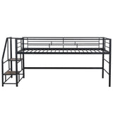 Twin Size Low Loft Bed for Kids,Metal Loft Bed Frame with Stair for Boys Girls,Kids Loft Bed Twin Size with Storage Steps,Black Bellemave
