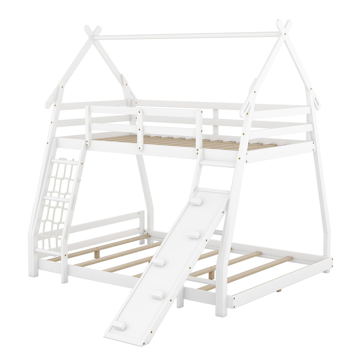 VilroCaz Twin Over Queen House Bunk Bed with Climbing Nets and Ramp for Kids, Solid Wood Frame in White VilroCaz