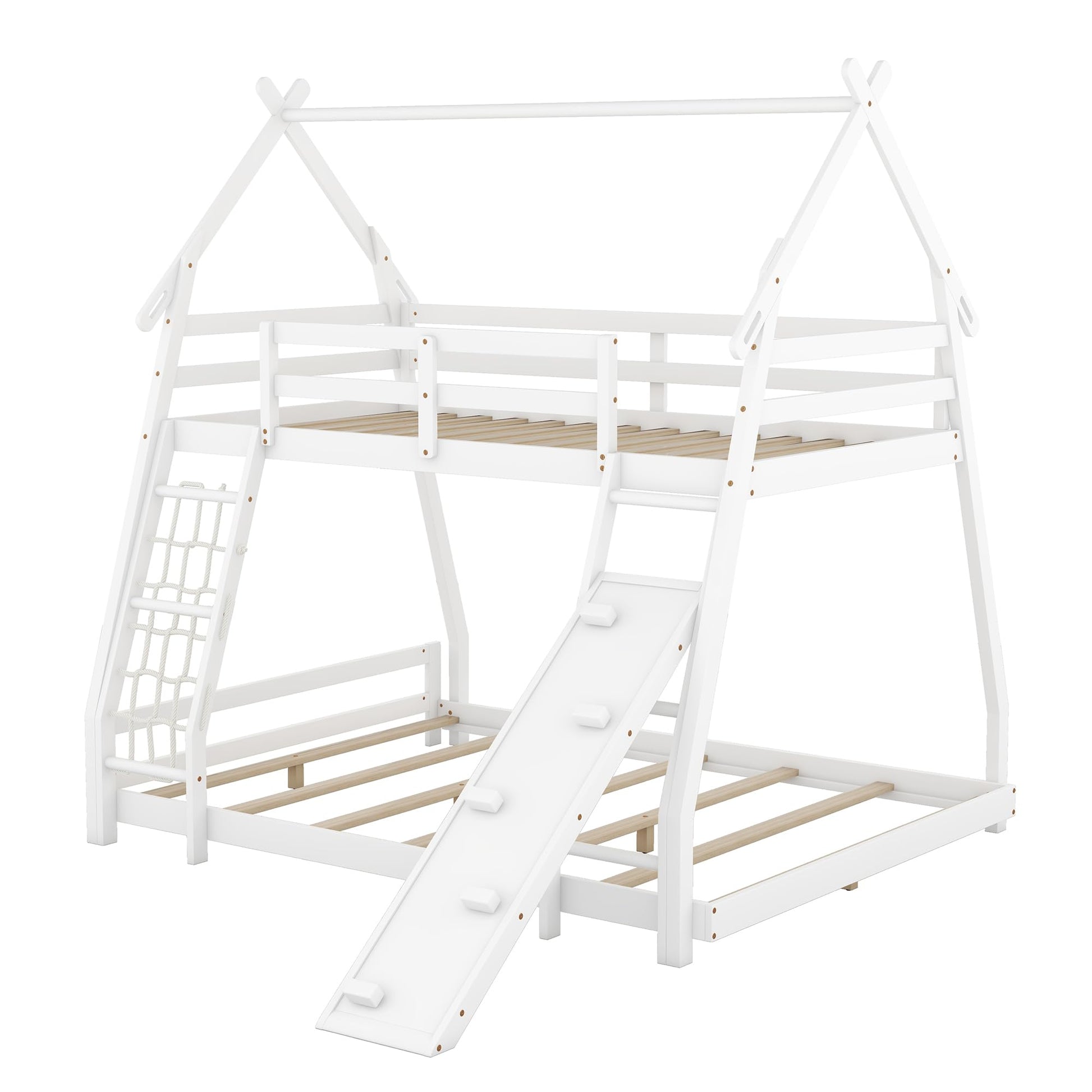 VilroCaz Twin Over Queen House Bunk Bed with Climbing Nets and Ramp for Kids, Solid Wood Frame in White - WoodArtSupply