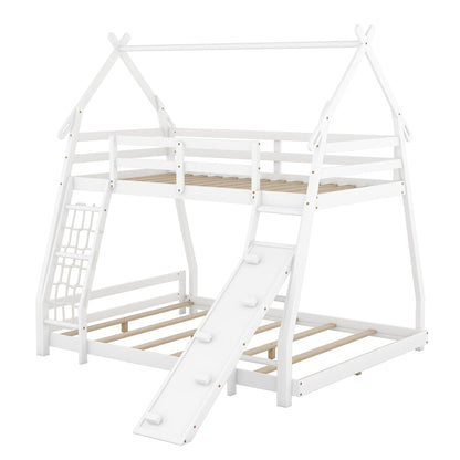 VilroCaz Twin Over Queen House Bunk Bed with Climbing Nets and Ramp for Kids, Solid Wood Frame in White - WoodArtSupply